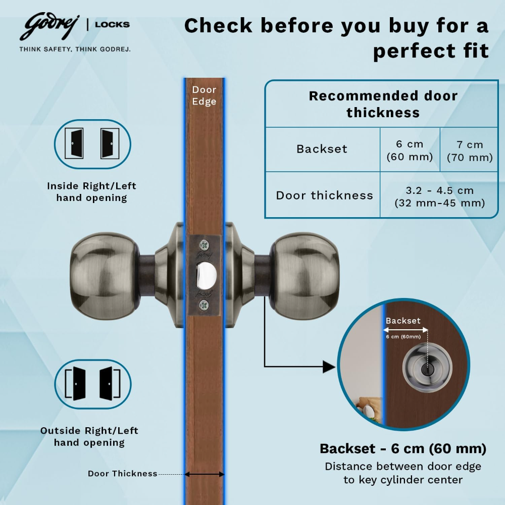 Godrej Cylindrical Lock |Keyless|Classic Rang |For bathroom, bedroom Suitable for Residential Doors & Commercial| Backset70 mm | Door Thickness 32mm to 45mm | Antique Brass Finish | 5 Years Warranty